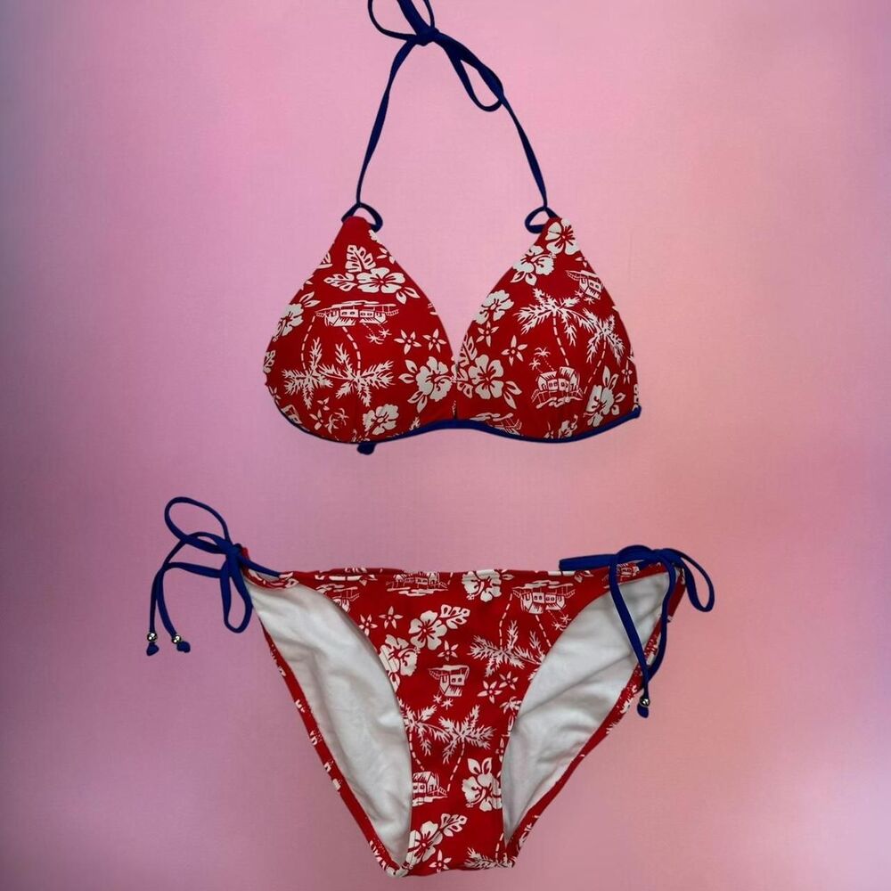 Y2K style red and blue padded push up bikini with white floral hibiscus pattern